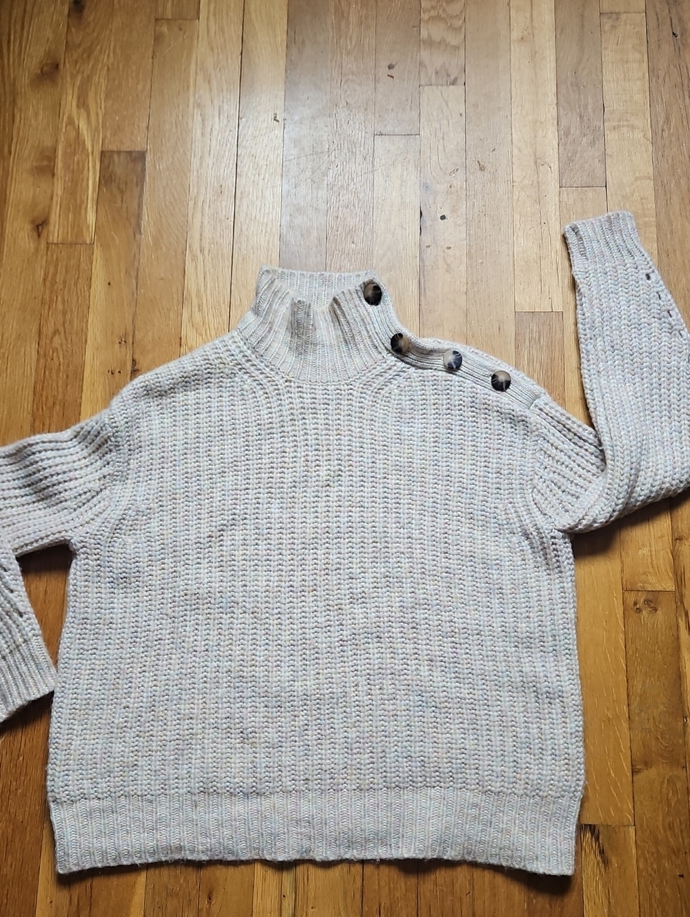 J. Crew Cream Wool Alpaca Wide Button High Neck Mottled Green And Pink Sweater